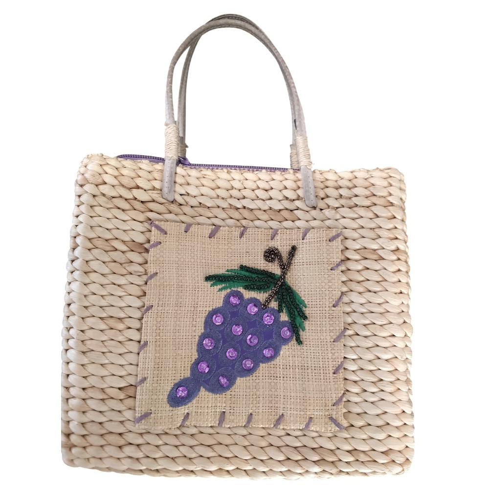 Xhilaration Woven Straw Grape Tote Bag Purple Gingham Lining Sequin Beaded Small